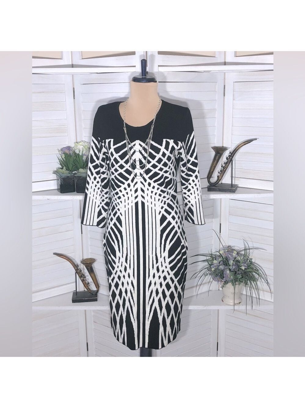 Y2K Black White Sweater Dress Avant Garde 3/4 sleeves artsy whimsi futuristic M